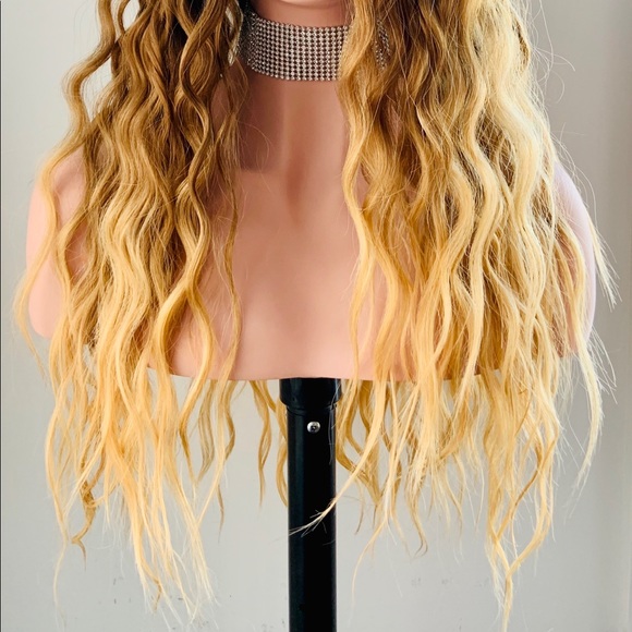 26” Water Wave Ombre Golden Brown/Blonde Premium Fiber Lace Front Wig - Picture 5 of 10